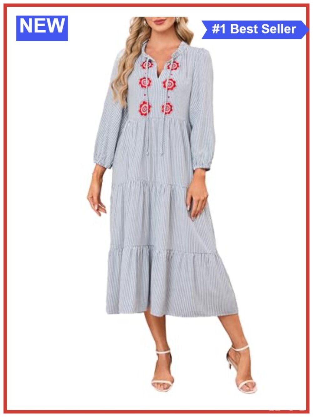 Embroidered Cotton Tiered Maxi Dress with Pockets, Boho Summer Vacation